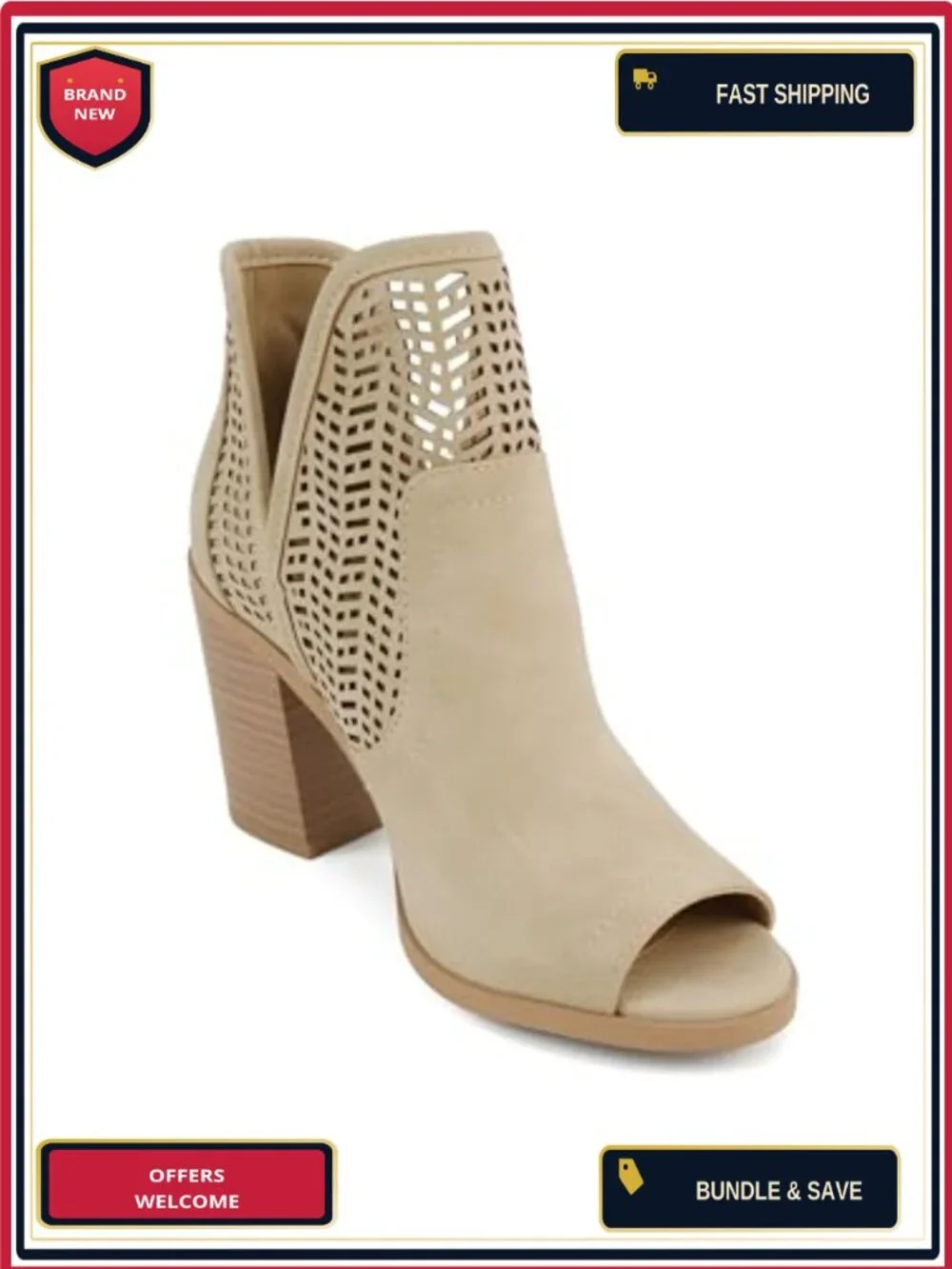 Women Peep Toe Closed-Back Geometric Cut High Heel Ankle Boots Block Heel Taupe